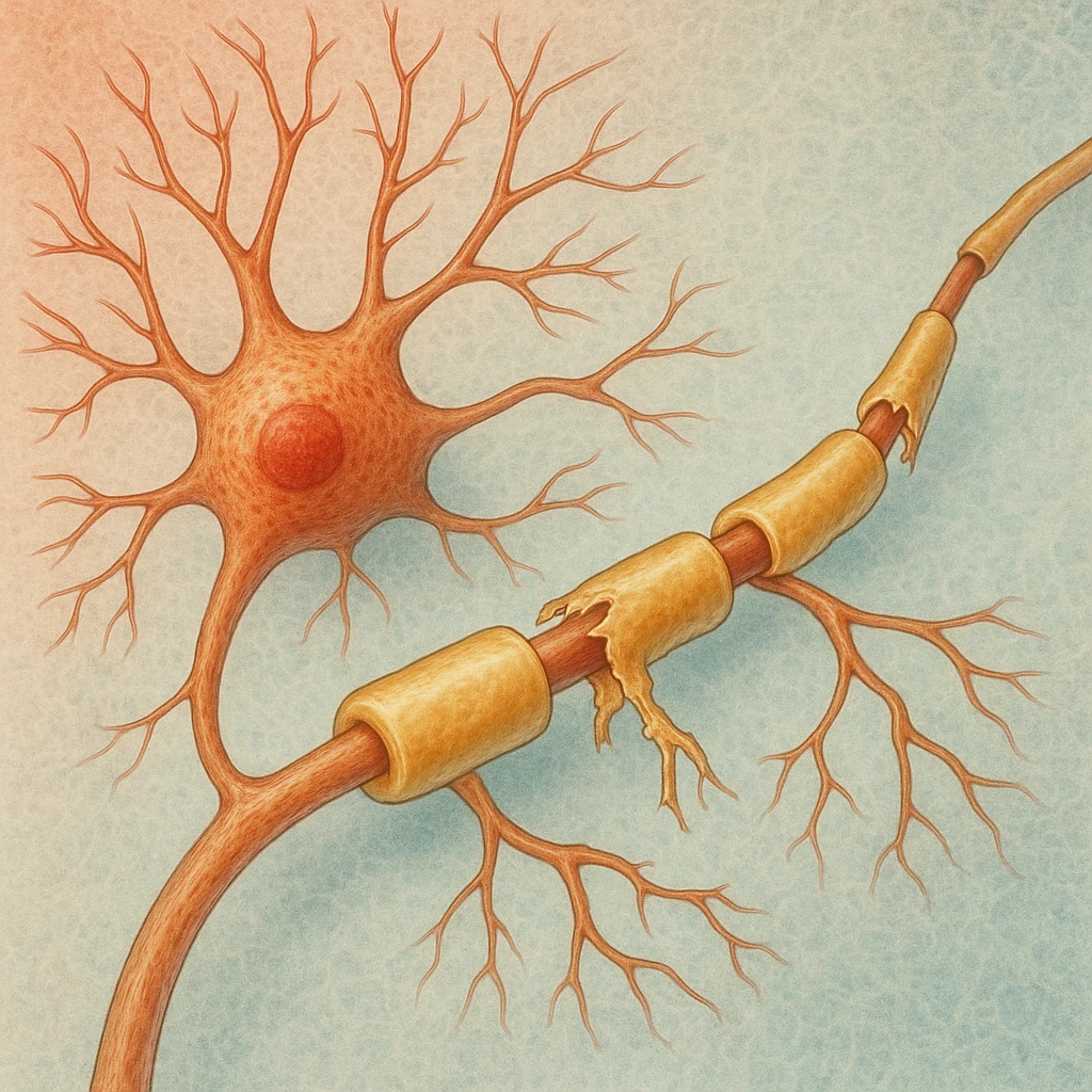 nerve cell with partially degraded myelin sheath, focus on demyelination, medical illustration emoji