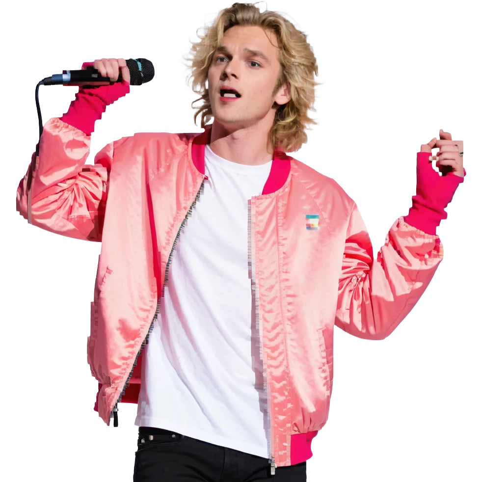 Expressive male performer, Caucasian features, tousled sandy blonde hair, lively eyes, wide cheerful smile, wearing a coral pink jacket over white tee, tossing a microphone in one hand, waist-up, front-facing emoji