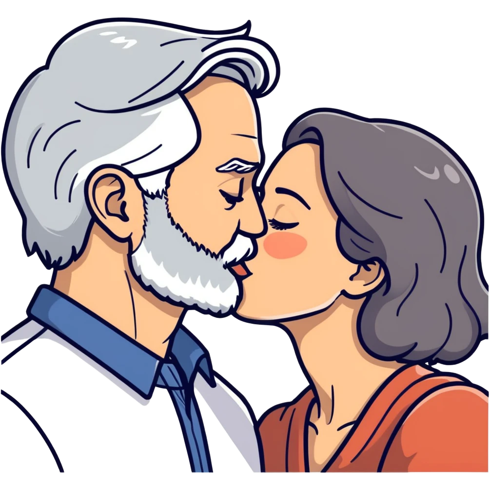 Grey haired bearded man and pretty brunette woman kissing  emoji