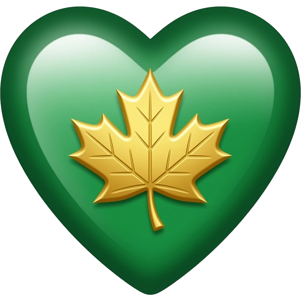 emerald heart with an engraved golden maple leaf emoji