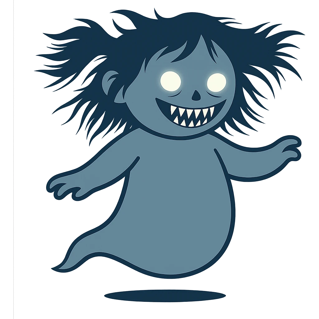 Make the cartoon girl ghost scarier by giving her sharp teeth, wild hair, and eerie glowing eyes. Keep the style consistent and remove the background. emoji
