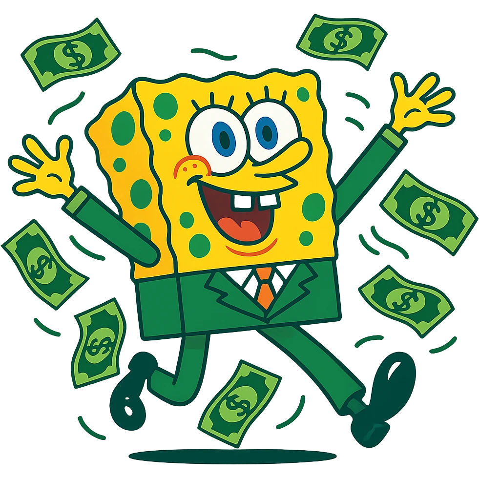 SpongeBob-inspired character in a green suit, surrounded by dollar bills, playful cartoon style emoji