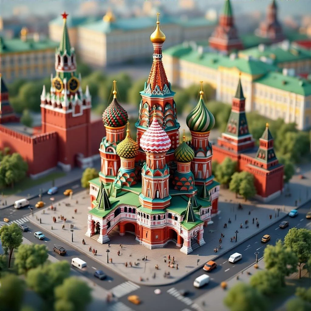 Изометричный миниатюрный 3D-город с узнаваемыми достопримечательностями Москвы - Кремль, собор Василия Блаженного, Сити,  аккуратная детализация, мультяшный реализм, компактная композиция,  вид сверху в изометрии emoji