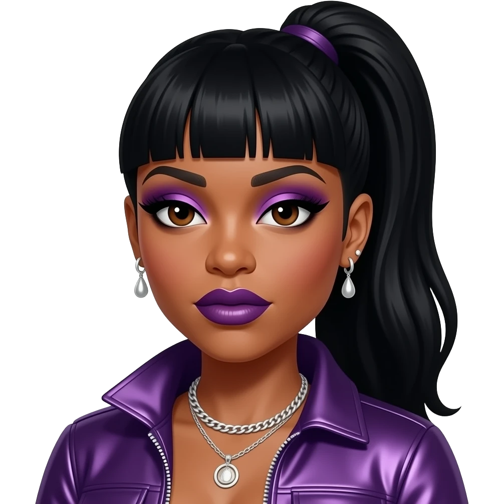 Missy Elliott with dark brown eyes, black high ponytail bang hair, dark purple eyeshadow and lipstick, dark purple metallic hip-hop outfit, necklace and earrings emoji