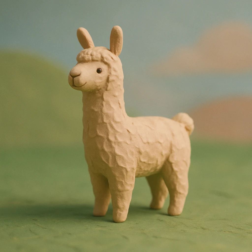 llama in claymation style standing on green grass with visible fingerprints and pastel palette emoji