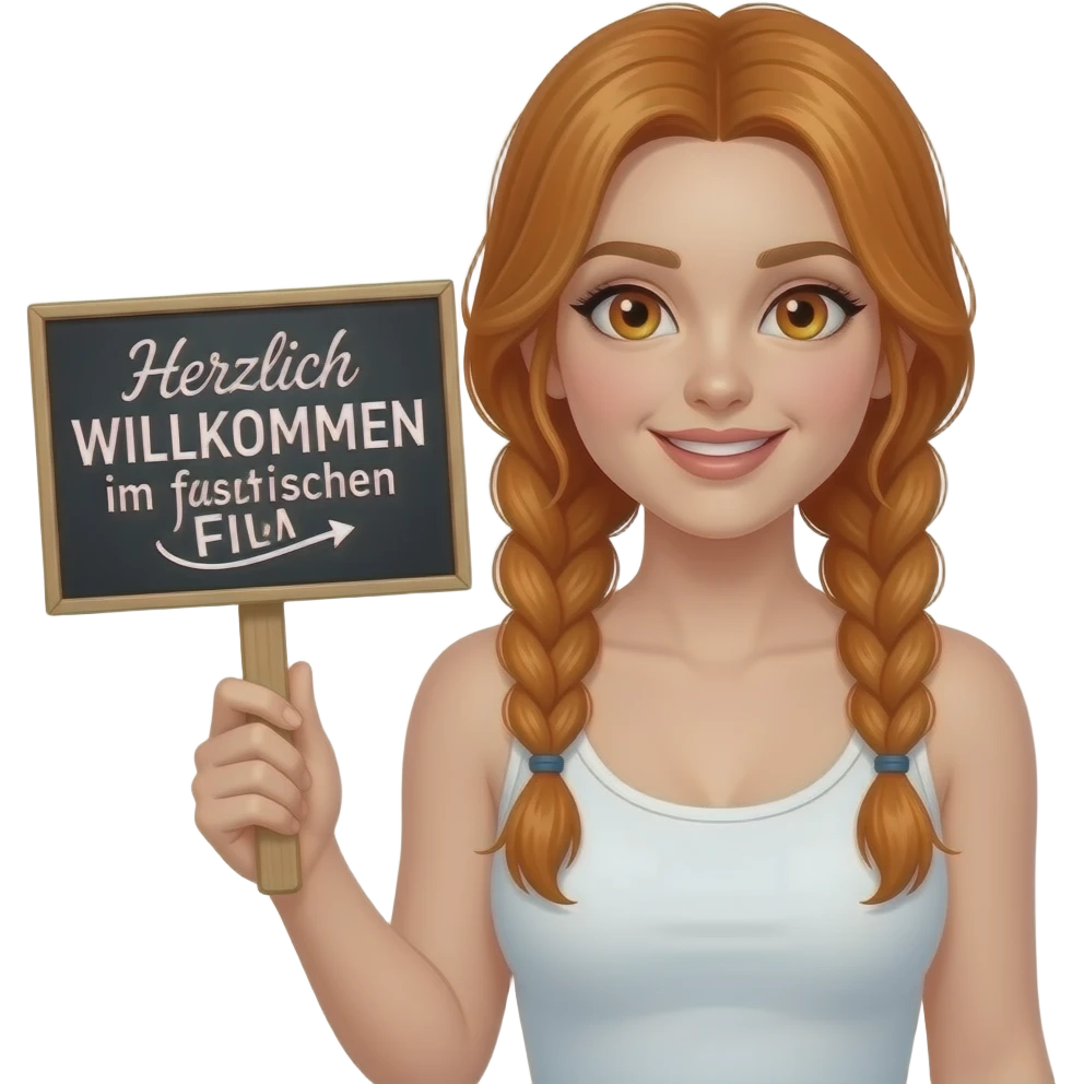 sexy girl with long ginger braids and ginger eyes wearing a white tanktop is holding a black sign with Herzlich WILLKOMMEN im falschen FILM written on it emoji