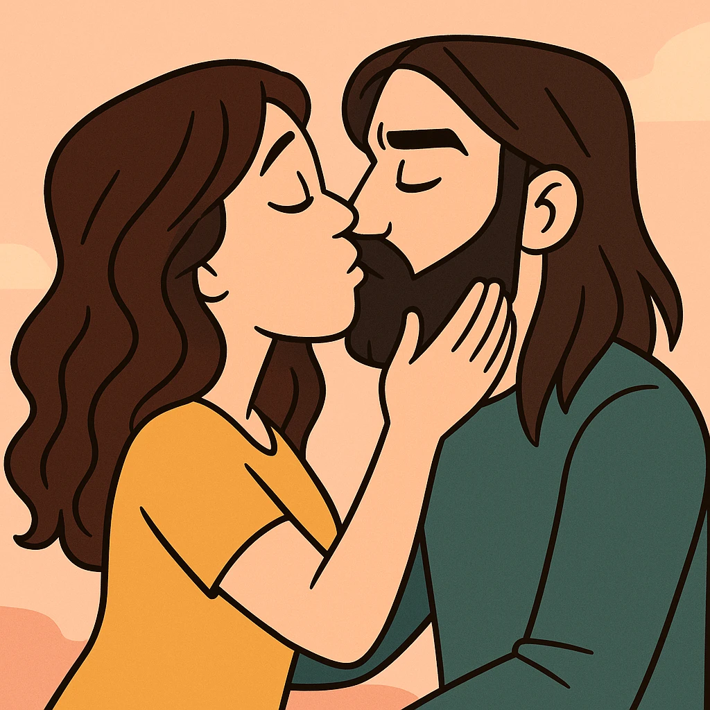 modern cartoon style of a white woman with long dark brown wavy hair kissing a white man with long hair and black beard, bright colors, simple background emoji