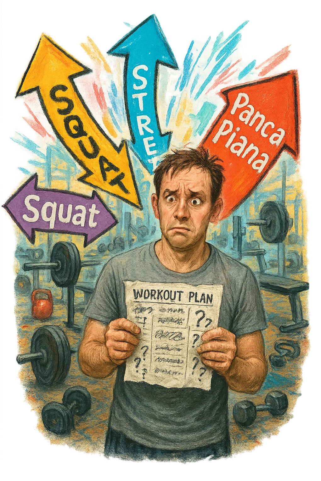 a person stands in the center of a gym, surrounded by arrows pointing in all directions, each labeled with a different exercise (e.g., “squat,” “Salti,” “stretch,” “Panca Piana”). The person looks bewildered, holding a workout plan with scribbles and question marks. The scene is colorful but visually messy, symbolizing confusion. in italiano immagine iperrealistica emoji