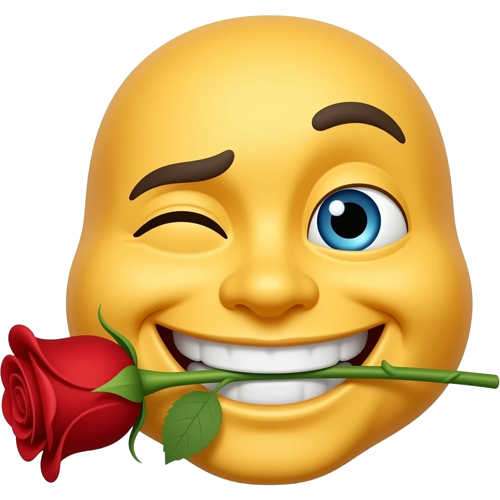 yellow round classic emoji face with a flirtatious smirk, wide toothy grin, one eyebrow raised, half-closed blue eyes. Holding a red rose with green stem in its mouth. Smooth shiny 3D cartoon style, high detail, white or transparent background. emoji