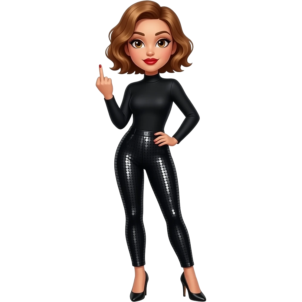 glamours,-tanned,-very-beautiful-woman-with-big-plump-red-lips,-long-long-lashes,-honey-silky-very short- hair,-wavy-hair,-hazel-eyes- wearing-black-Long-sleeved-bodysuit-and-black-sequinned-pants-black-black stilettos-and-sticking-up-middle-finger-full body emoji