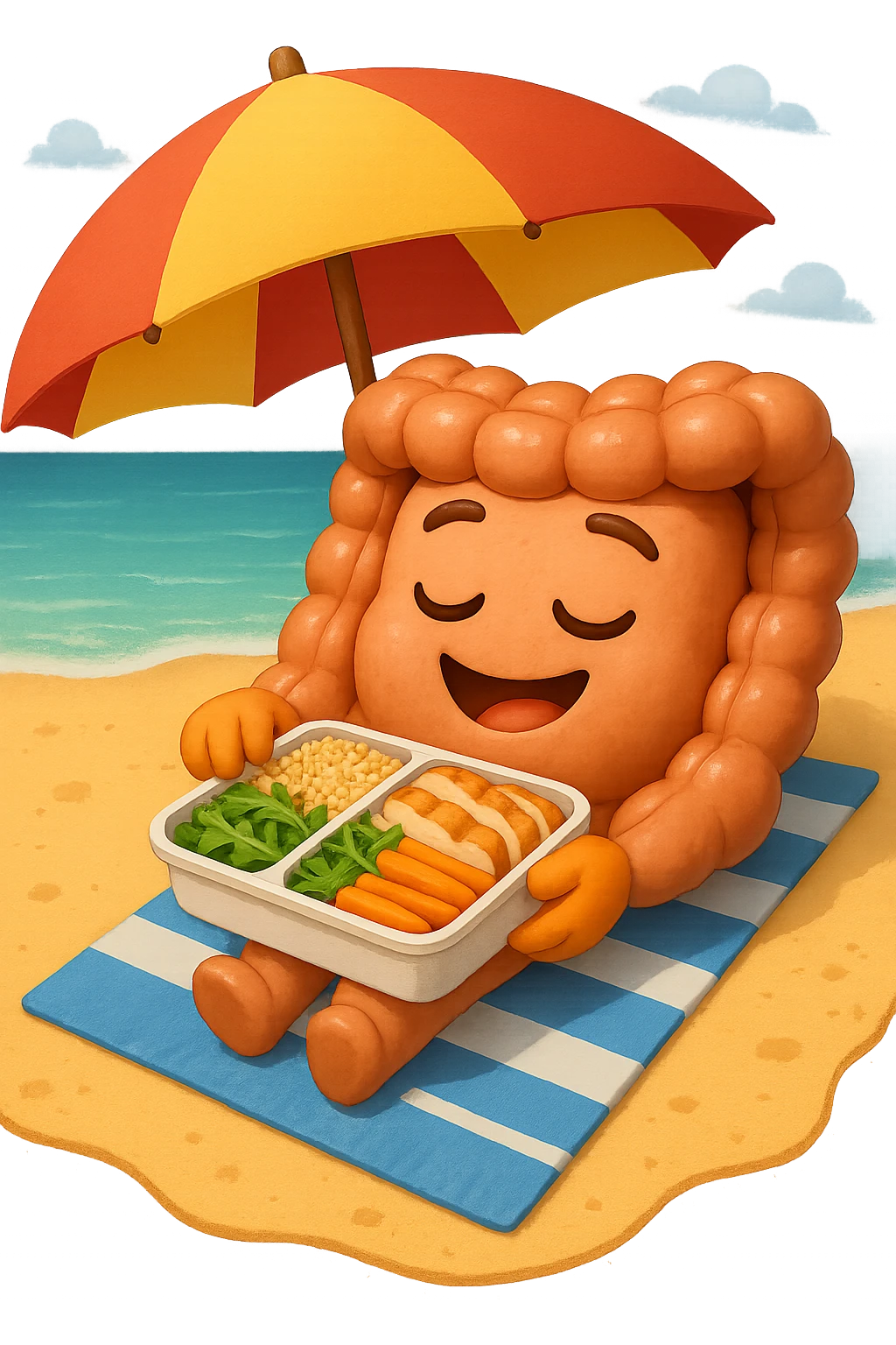 EMOJI STILE IPHONE DI INTESTINO IN SPIAGGIA SU UNA SPIAGGINA SOTTO L'OMBRELLONE CON IN MANO UNA SCHISCETTA DI Insalata di quinoa e pollo con rucola e carote, iperrealistica 4k emoji
