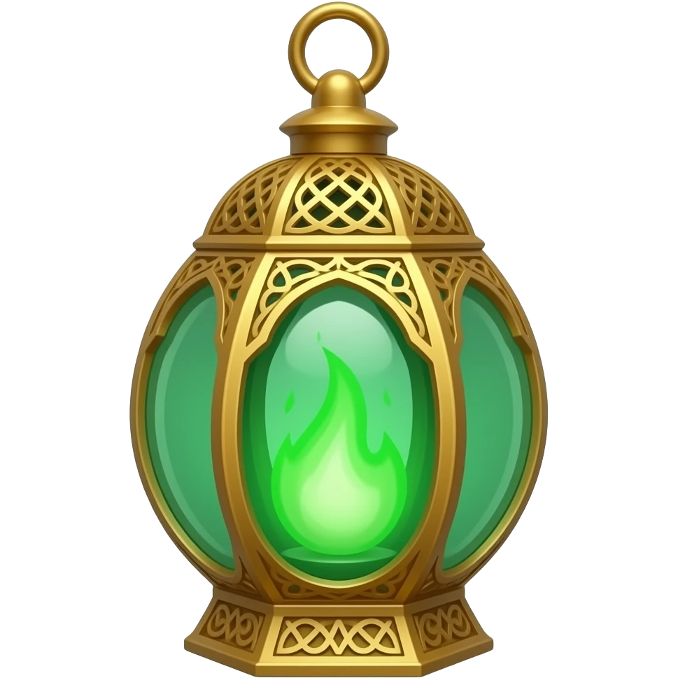 A golden hanging lantern with a bright emerald green flames, an empty loop on top, fae filigree themed, but simple focus more on the green flames, paint the glass more green emoji