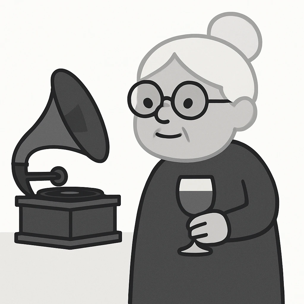 old lady with wineglass listening to gramophone emoji