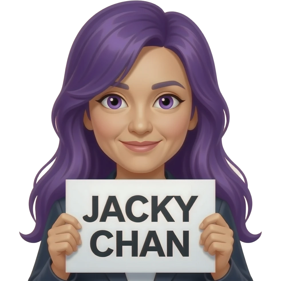 sexy girl with long purple hair and purple eyes holding JACKY CHAN sign emoji