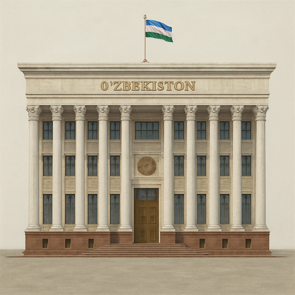 «Реалистичная живописная стильная прорисовка. Здание правительства узбекистана строго в анфас, прямо спереди, без наклона и без перспективы. Покажи ВСЁ здание целиком — сверху донизу и слева направо — с большим свободным полем вокруг, чтобы НИЧЕГО не обрезалось. На крыше должен быть флаг Узбекистана. Никаких деревьев, людей, фонтанов, автомобилей, тени от объектов и окружающей среды. Только полностью целое здание на однотонном чистом фоне (белом или светло-сером). Обязательно: “НЕ кадрировать, НЕ обрезать, оставить запас места вокруг здания». emoji