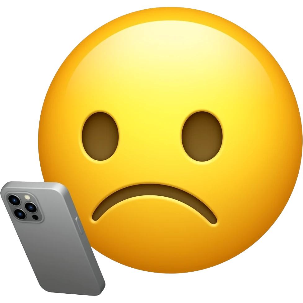 create me a round face simplist yellow emoji, looking at his smartphone his head tilted down, he looks sad emoji