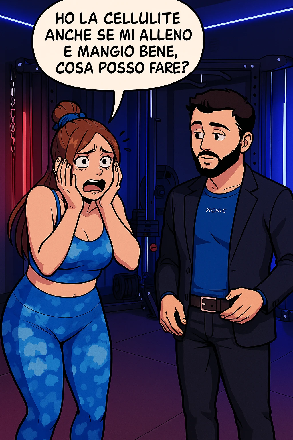TRASFORMA QUESTO CAROSELLO IN UN FUMETTO STILE WEBTOON/MANGA A COLORI CON QUESTE DUE PERSONE IDENTICHE CHE INTERLOQUISCONO TRA LORO, LA DONNA è DISPERATA CON LE MANI SULLE GUANCE E STA DOMANDANDO TUTTA AGITATA UNA COSA ALL'UOMO:

LEI (DONNA): Ho la cellulite anche se mi alleno e mangio bene, cosa posso fare? emoji