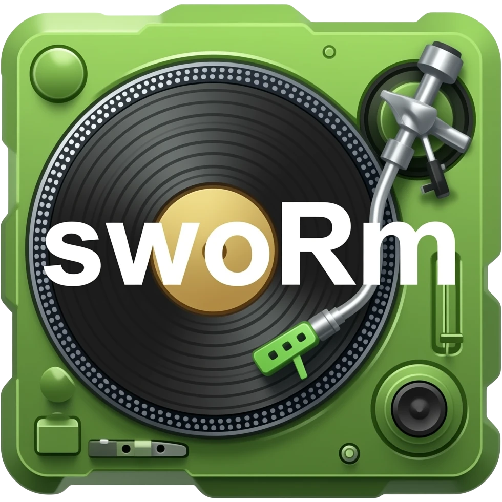 "sWoRm" written over Green futuristic SpaceShip turntable emoji