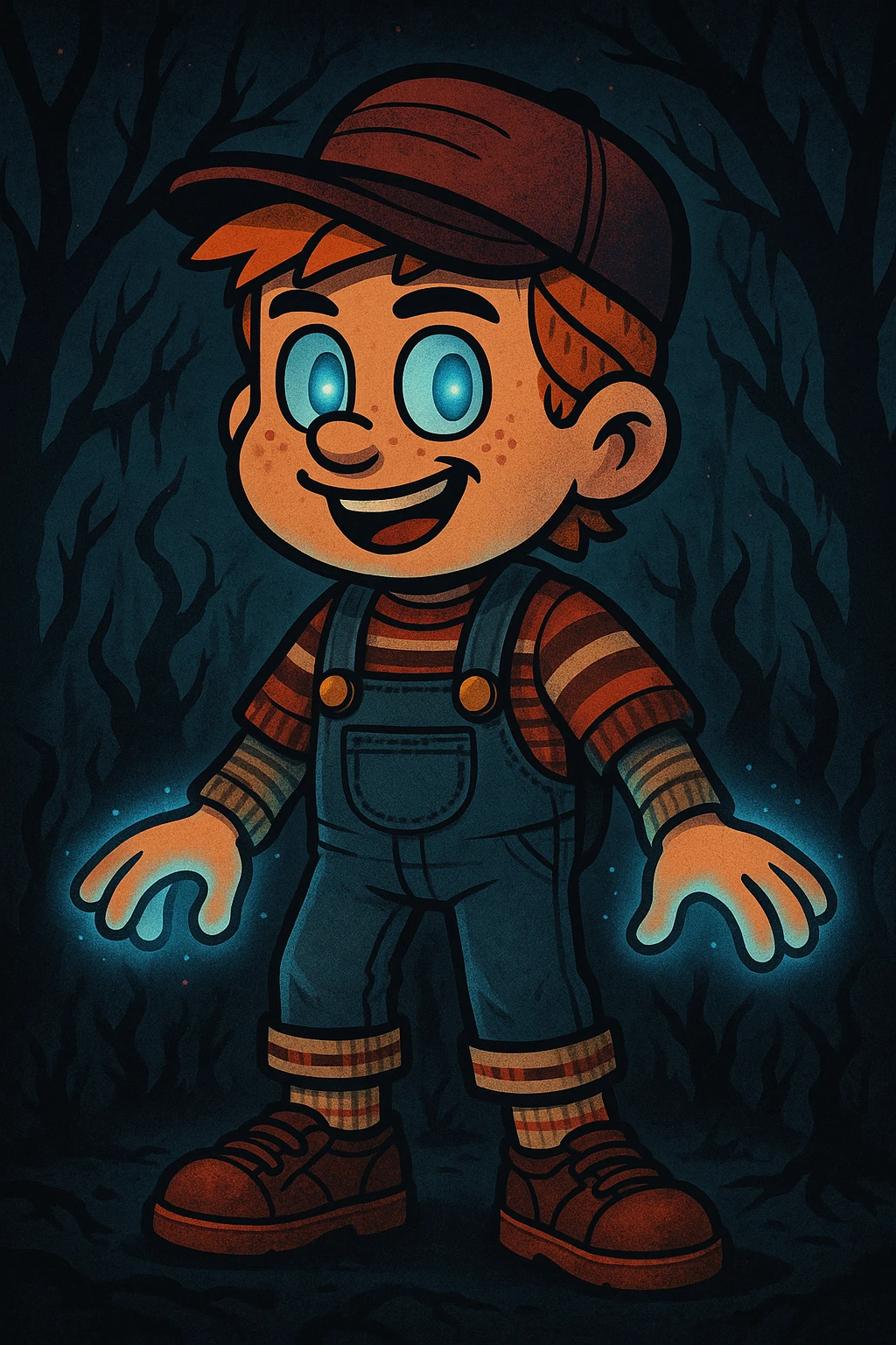 Transform the character into a 'Stranger Things' inspired version in vibrant toon style. Add 80s clothing, supernatural effects, and references to the Upside Down, keeping the vibrant and colorful toon aesthetic. emoji