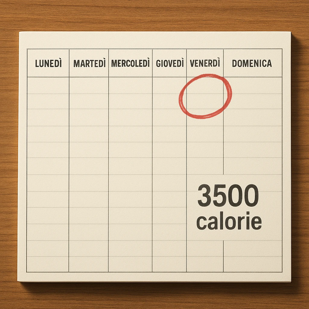 A hyperrealistic weekly calendar viewed from above in Italian, showing days from Monday to Sunday. Friday is circled in red. Below Saturday, the text '3500 calorie' is clearly visible. The image has 4K details and a desk atmosphere. emoji