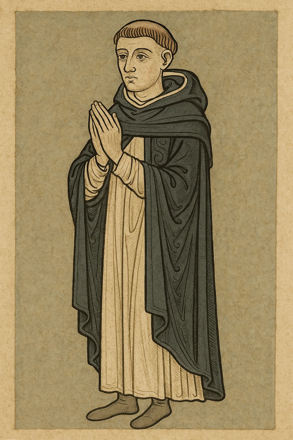 3rd Order Dominican monk standing in prayer, black and white habit, short hair, medieval manuscript illustration style emoji