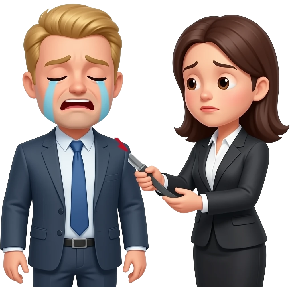 un uomo biondo piange perchè viene frustato con la cintura dalla sua capa femmina d'ufficio emoji