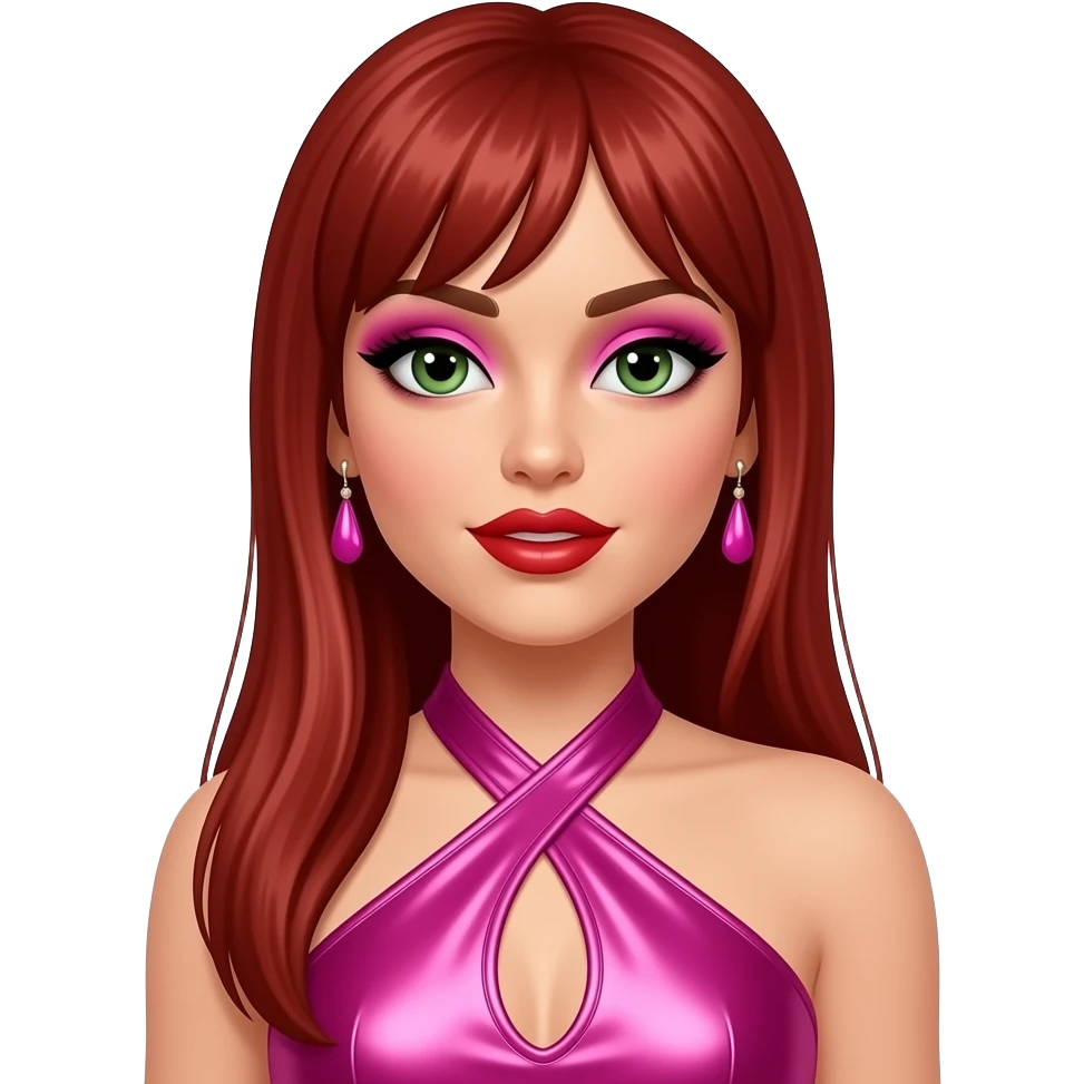 Carmit Bachar from The Pussycat Dolls with hazel-green eyes, long red straight hair, hot pink eyeshadow, red lipstick, hot pink metallic halter dress, earrings emoji