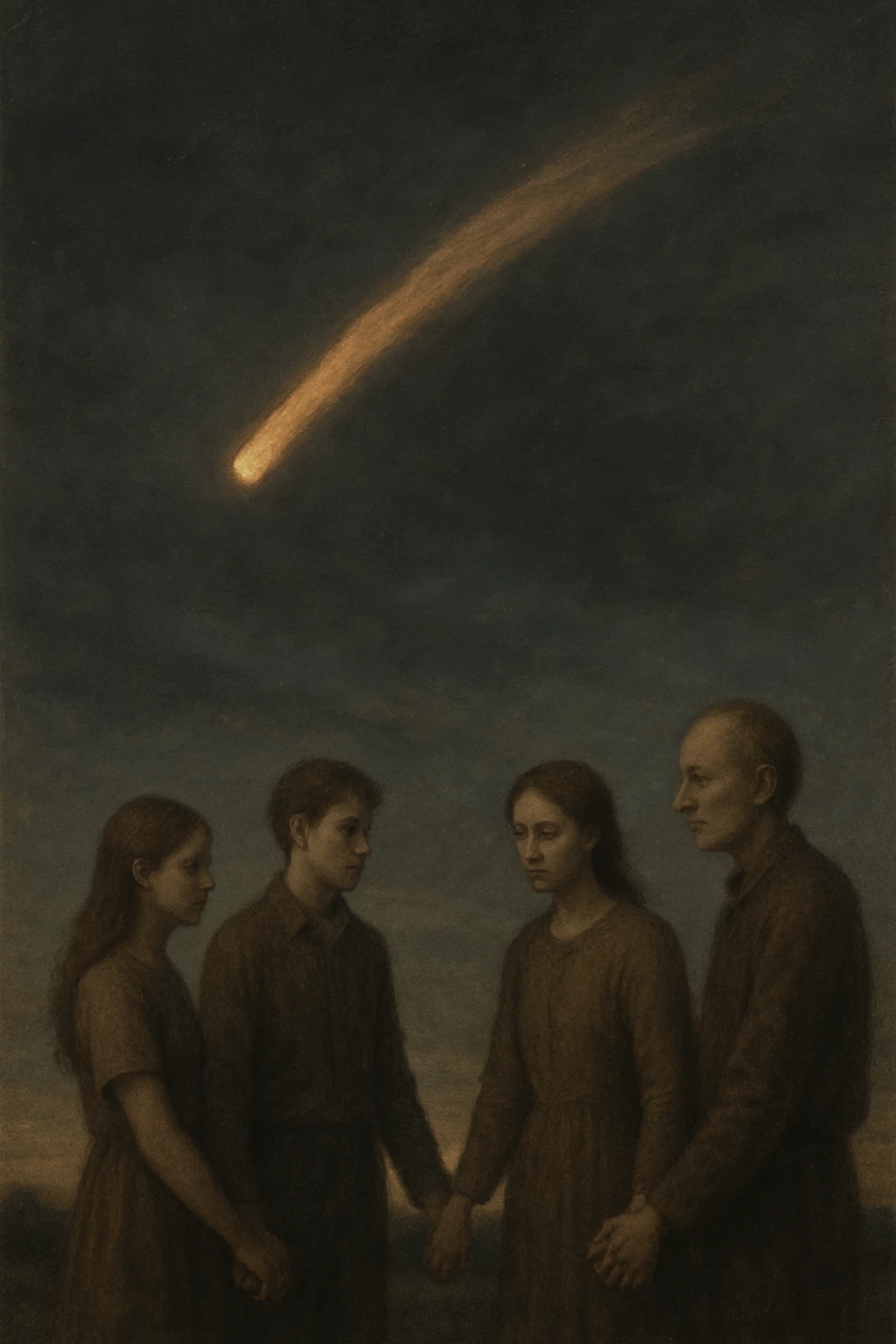 A small group of people holding hands, watching a comet or meteor in the sky, their faces serene but tinged with melancholy, soft tones, end-of-the-world atmosphere. emoji