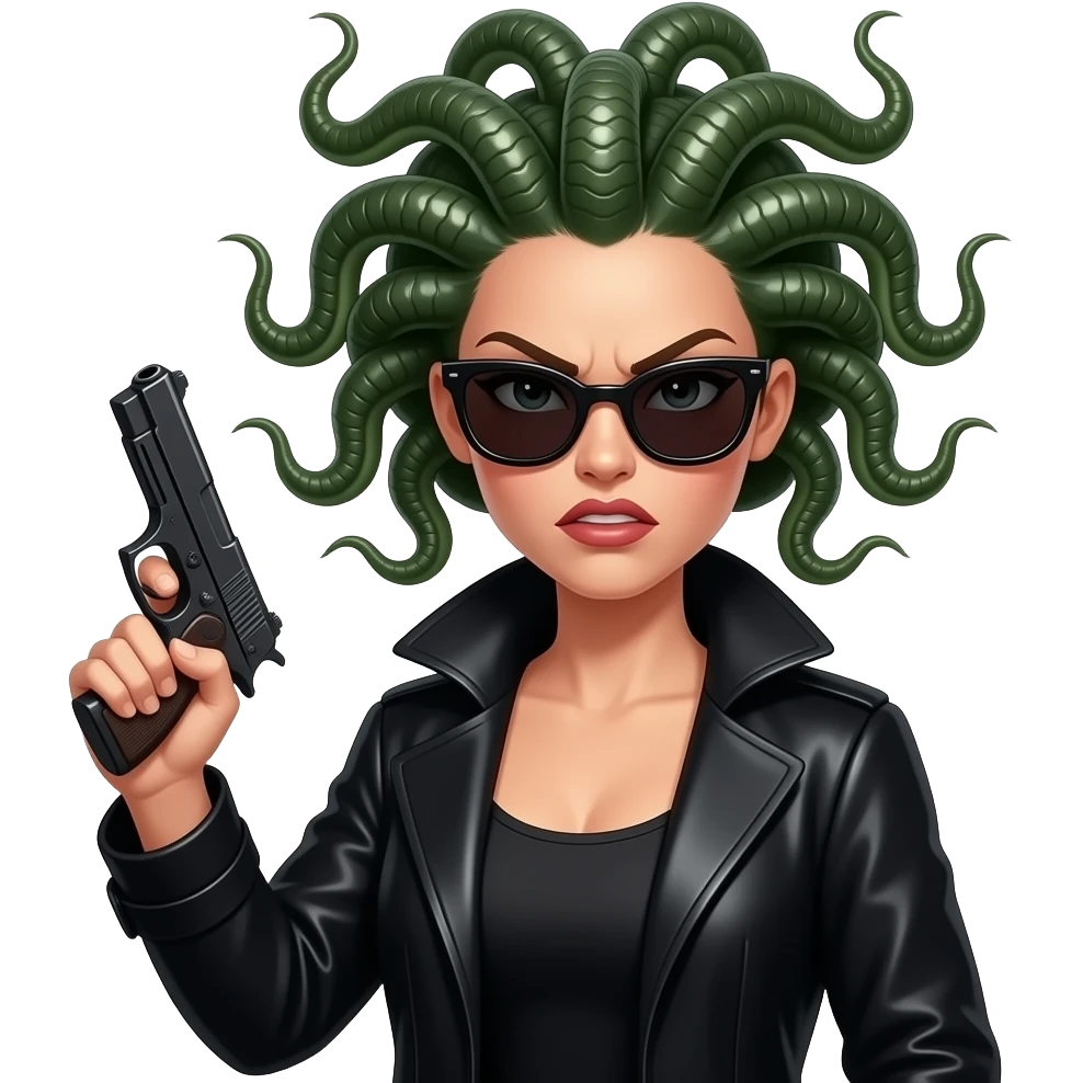 Angry beautiful female Medusa in black coat with sunglasses holding gun emoji