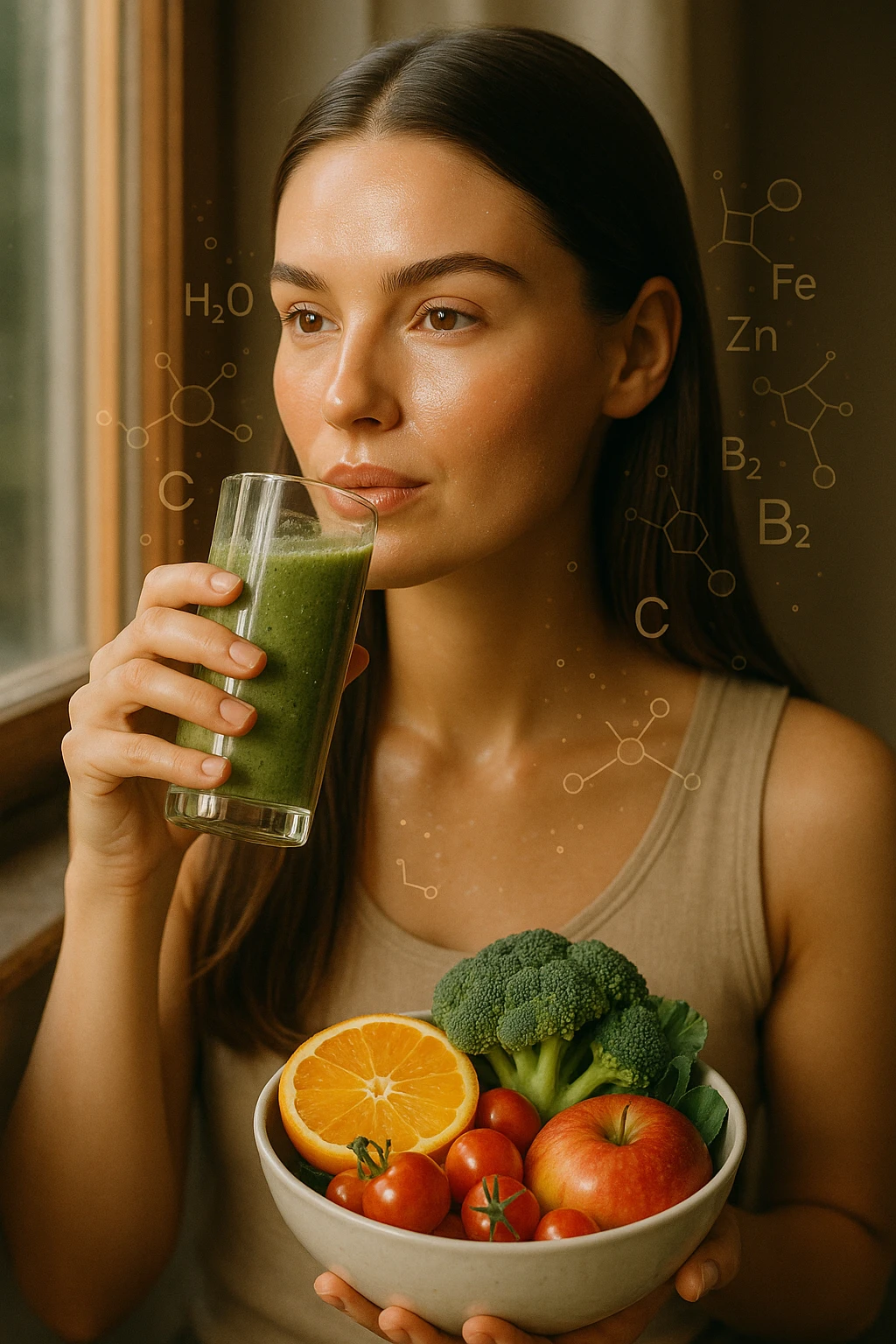 A highly realistic, cinematic portrait of a young woman in her late 20s with glowing, clear, healthy skin and a vibrant scalp with strong, shiny hair, symbolizing internal health reflecting outward. She has a calm, confident expression while sitting by a window with warm daylight softly illuminating her face, highlighting smooth, hydrated skin with a natural glow. Her hair appears clean, full, and strong, indicating a healthy scalp and balanced sebum production. She is drinking a glass of green smoothie rich in antioxidants and holding a bowl of colorful fruits and vegetables, symbolizing how internal nutrition supports skin and scalp health. Subtle, softly glowing overlays of molecular symbols for vitamins, minerals, and hydration molecules gently swirl around her, visually representing the concept of beauty and skin health from the inside out. Style: 35mm hyperrealistic film look, warm tones, soft depth of field, focusing on clear skin texture, healthy scalp, and vibrant hair to inspire holistic wellness emoji