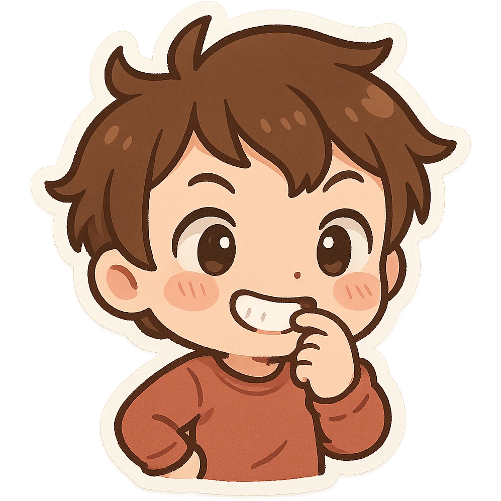 cartoon character biting their nail with a smile, playful and expressive emoji