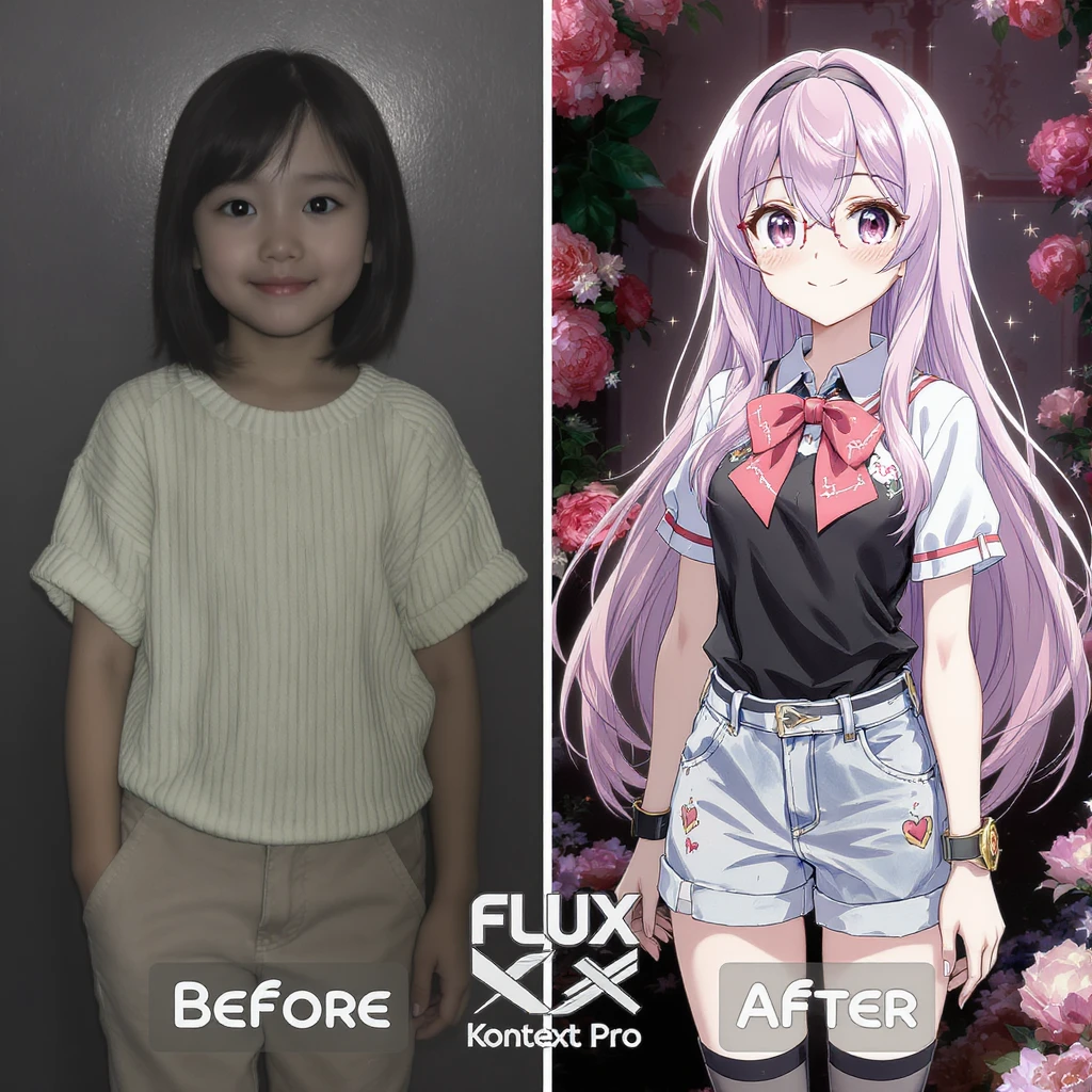 create before after image of a girl before is realsitic photo, after is anime version of her in same pose and clothes, add logo with text of a "FLUX Kontext Pro" emoji