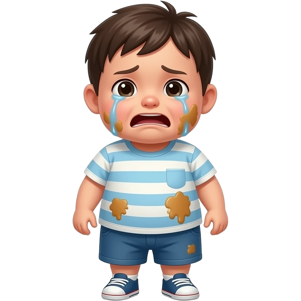 hazme un niño gordo llorando con la cara manchada de comida. foto a cuerpo completo emoji
