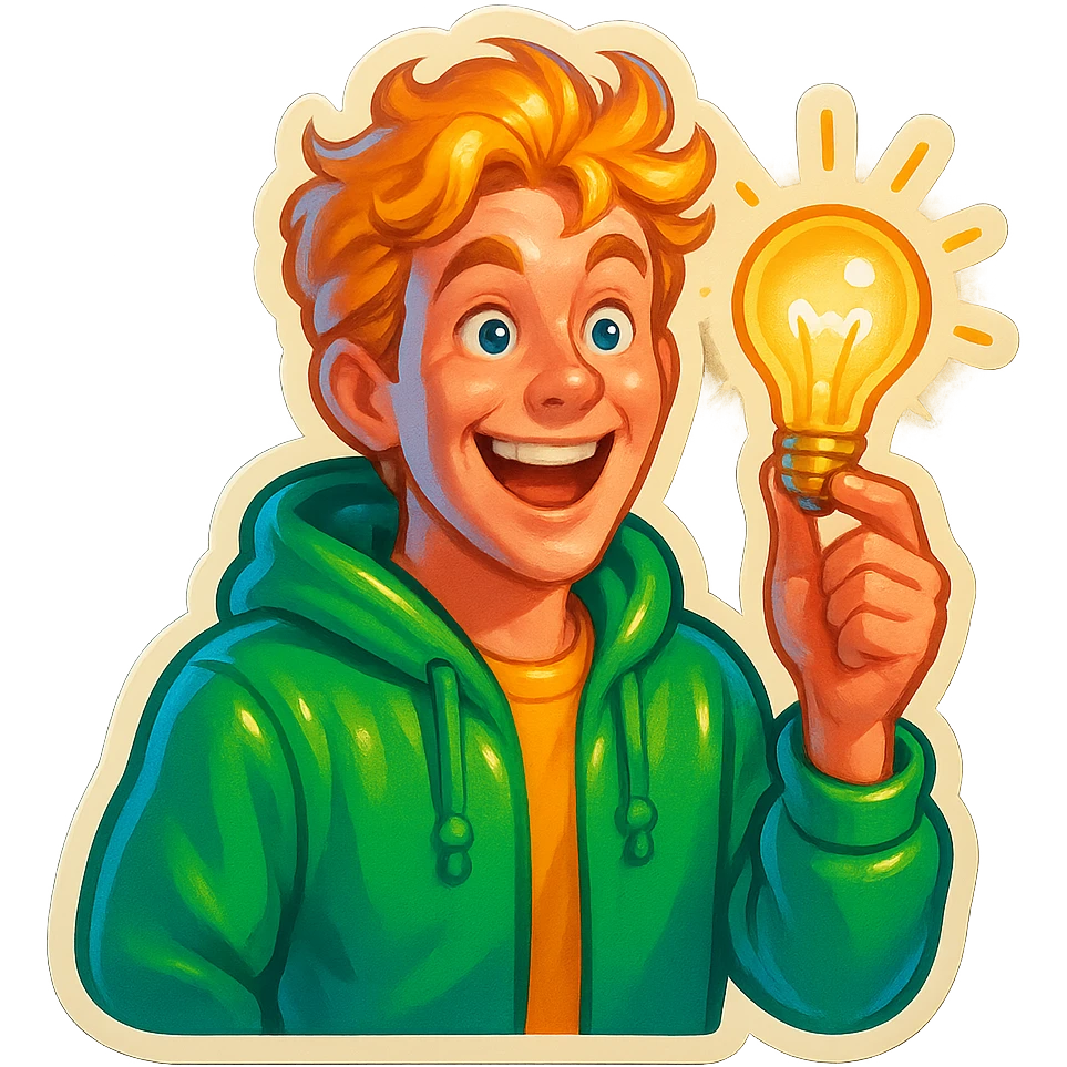 bright and expressive male visionary, fair skin, tousled golden hair, wide joyful eyes, wearing a green hoodie over a yellow tee, one hand raised with a glowing lightbulb, waist-up, front-facing emoji