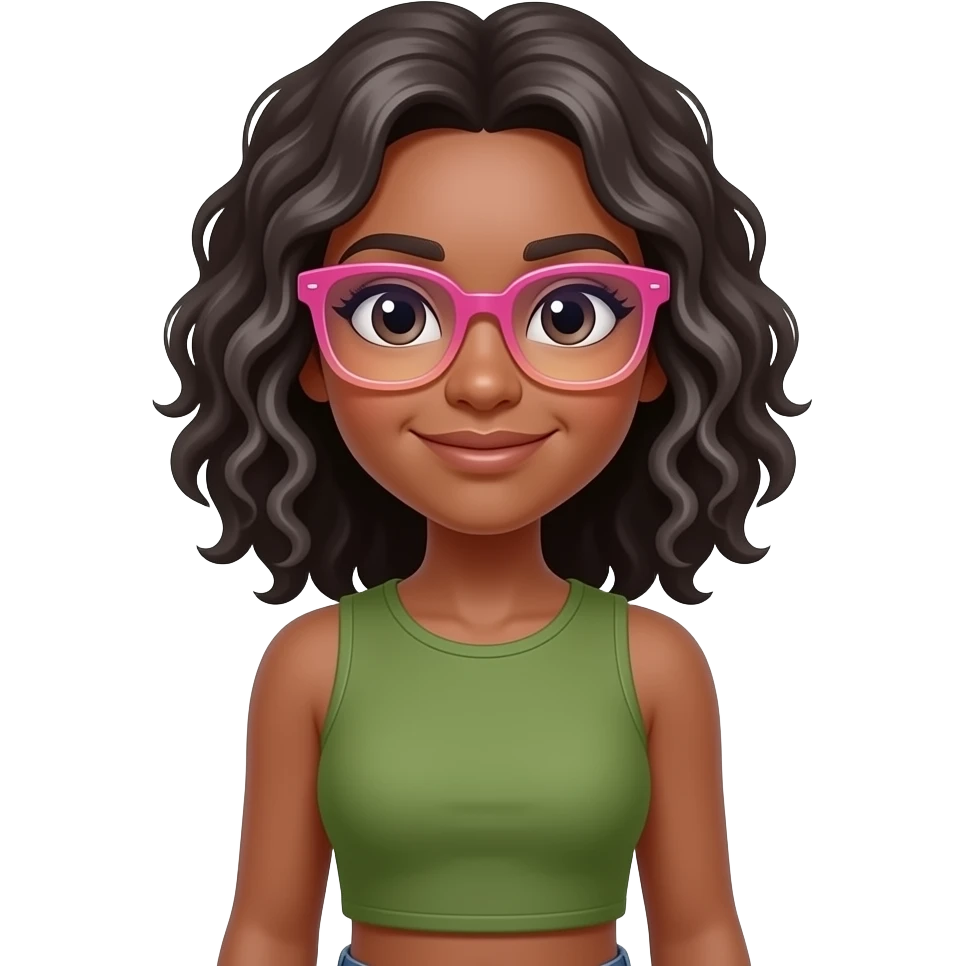 Chica con tono de piel canela de cabello rizado a los hombros con varias canas con top verde olivo escotado sin mangas y con lentes graduales rosas para usar como emoji de WhatsApp emoji