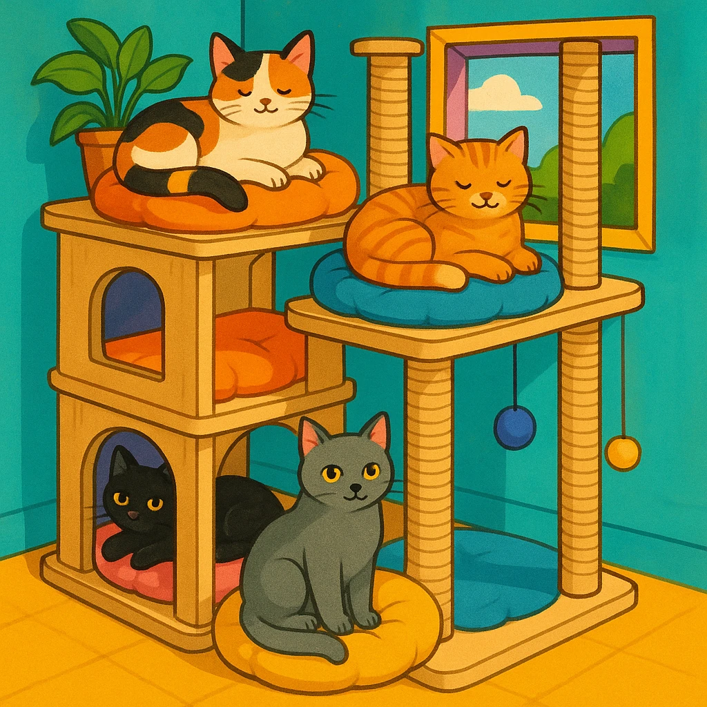 cats relaxing in a vertical playhouse emoji