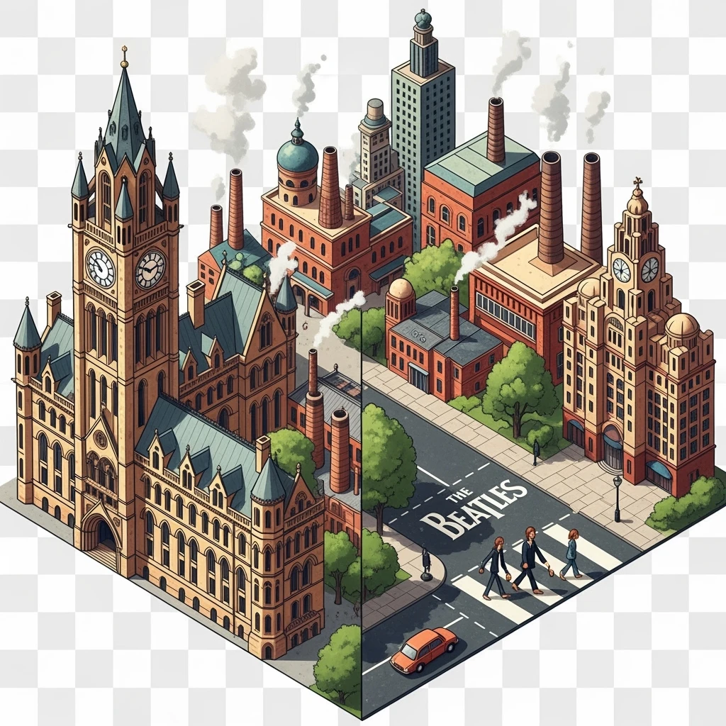 Isometric illustration of Manchester and Liverpool combined, featuring Beatles references (Abbey Road sign), Manchester Town Hall, toy-style factories, balanced between stylized painting and realistic, transparent background emoji