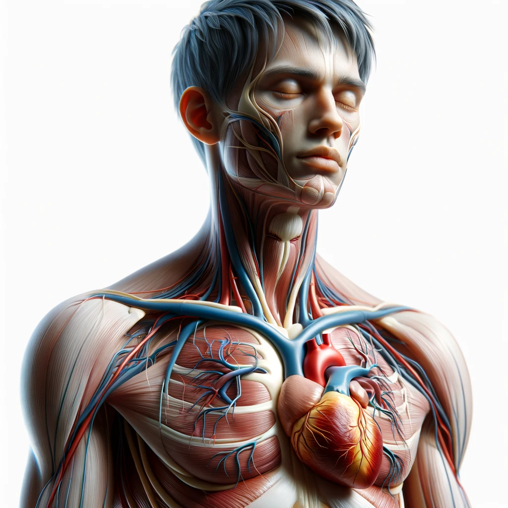 corpo umano anatomico con capelli corti in perfetta salute con gli occhi chiusi ed espressione serena a figura intera, cuore e organi in evidenza, iperrealistica 4k, isolato su sfondo bianco emoji