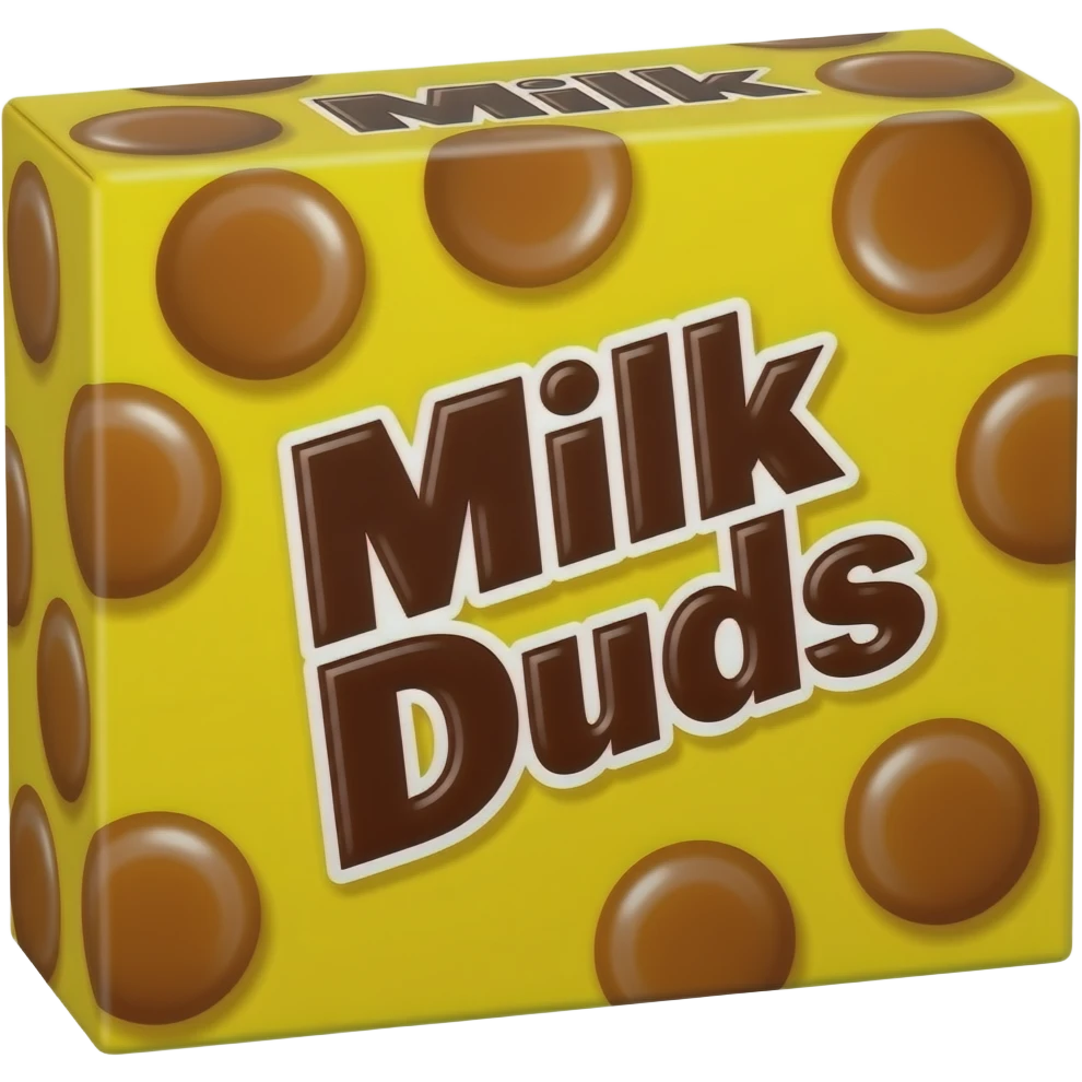 Rectangular yellow cardboard box with round Carmel candies depicted and says Milk Duds on the front emoji
