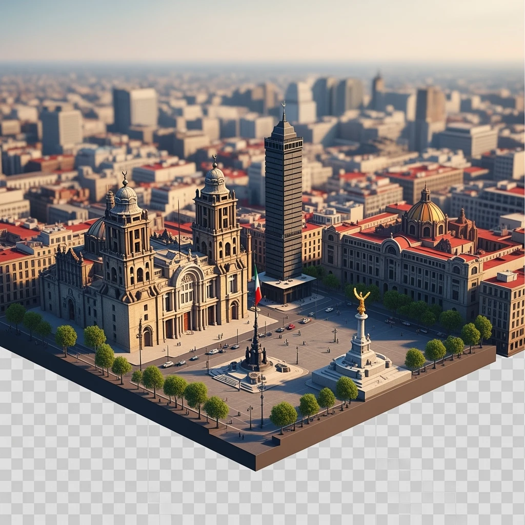 Isometric miniature of Mexico City Zócalo square with Metropolitan Cathedral, Palacio de Bellas Artes, Torre Latinoamericana, Chapultepec Castle, and Angel of Independence, atmosphere of the city 3D miniature effect and Tilt Shift effect, no cartoonish look, transparent background. emoji