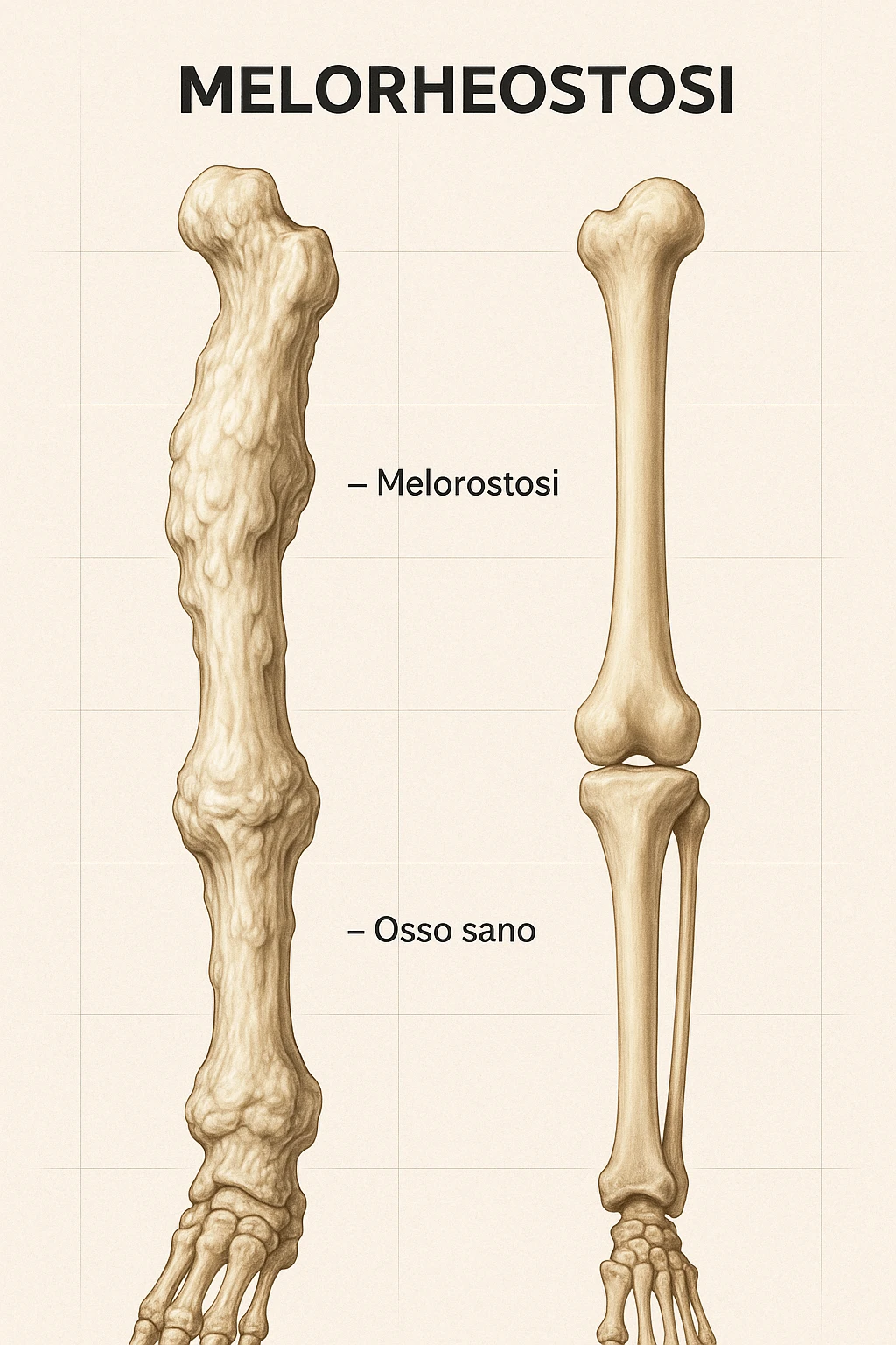 A highly realistic medical illustration focusing on a human arm and leg bones affected by melorheostosis. The bones appear visibly thickened, irregular, and larger than normal, with clear, layered bone growth resembling melted wax dripping down the side of the bones. The image shows a side-by-side comparison with a healthy bone for clarity, highlighting the difference in size and texture. The color palette includes neutral bone colors with subtle shading to show the abnormal contours and ridges. The background is clean and minimalistic, with faint anatomical grid lines for a scientific, educational feel. The overall mood is informative and precise, conveying the key visual characteristic of melorheostosis: progressive bone thickening that makes bones visibly larger and irregular. in italiano emoji