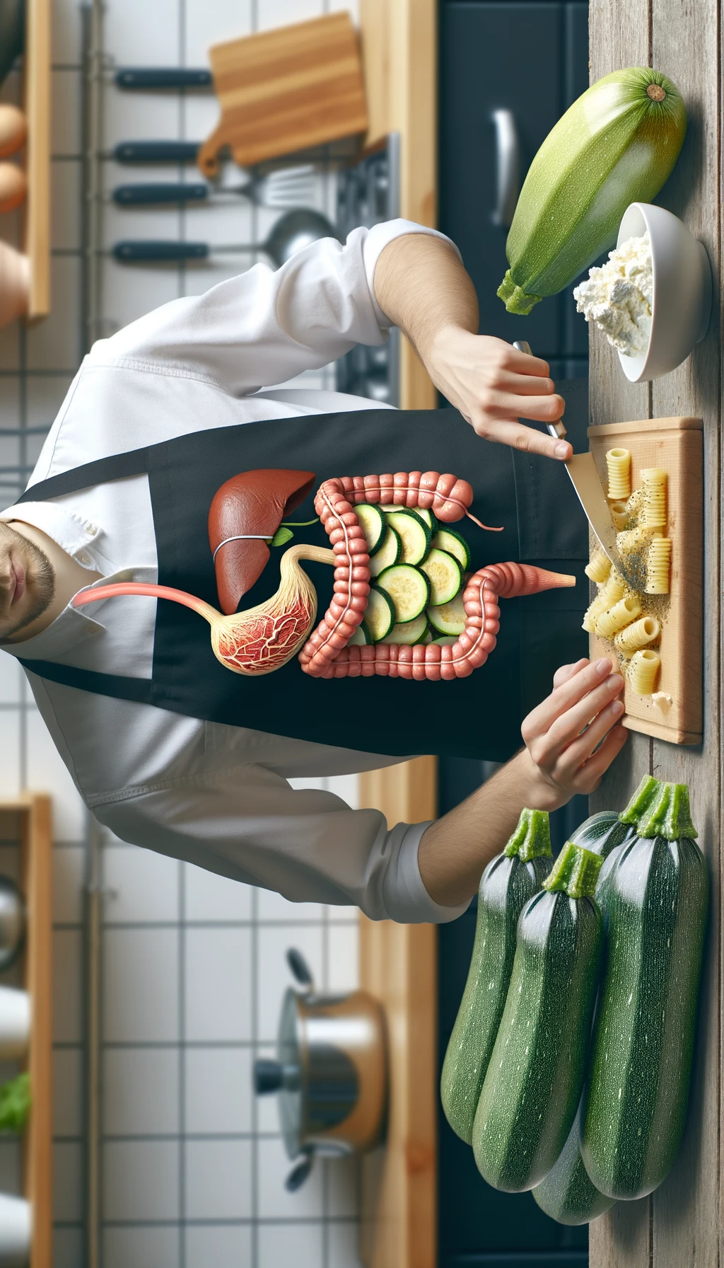 corpo umano con capelli corti con grembiule nero che cucina una ricetta con zucchine, gnocchi e ricotta, intestino realistico in evidenza, cucina sfocata sullo sfondo emoji