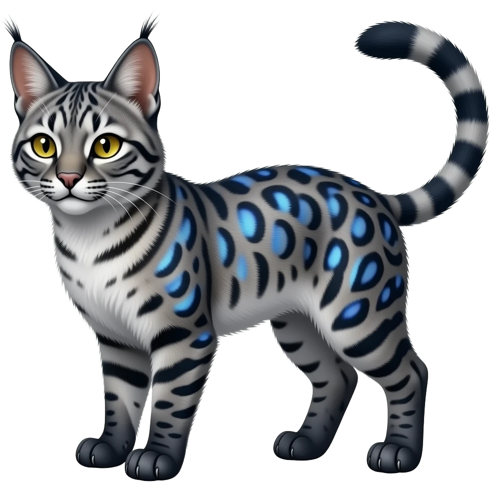 Realistic rosette-patterned marked edgy bluish Shiny Colorful Dusky Dark Glossy Genet-Caracal-Lion-Bobcat-fusion-animal-hybrid-creature, full body, tufted ears, long thin tufted tail emoji
