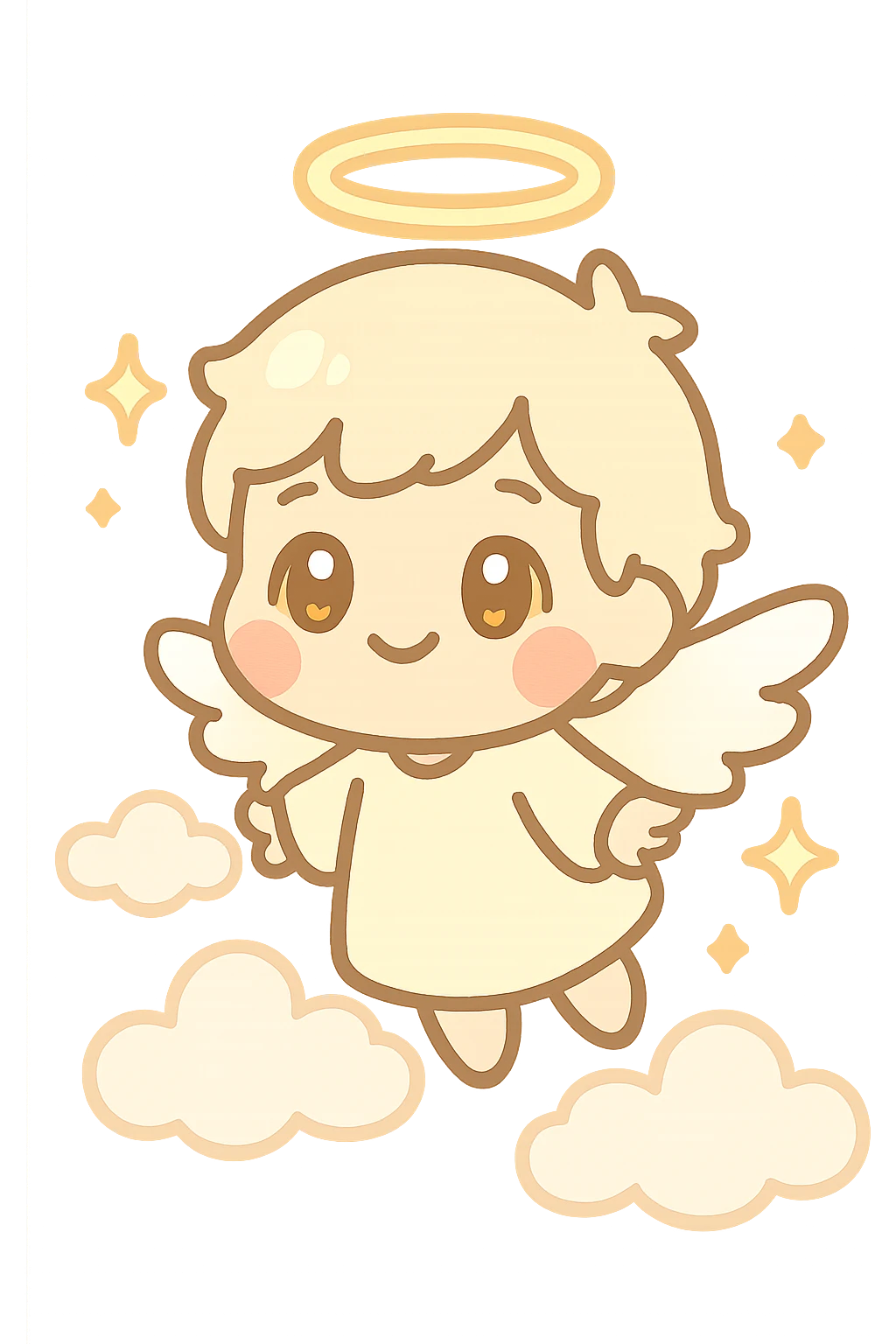 chibi angel with soft glowing halo, small white wings, gold eyes, blushing cheeks, pastel white and gold, floating, dreamy, sparkles, clouds, kawaii celestial sticker emoji
