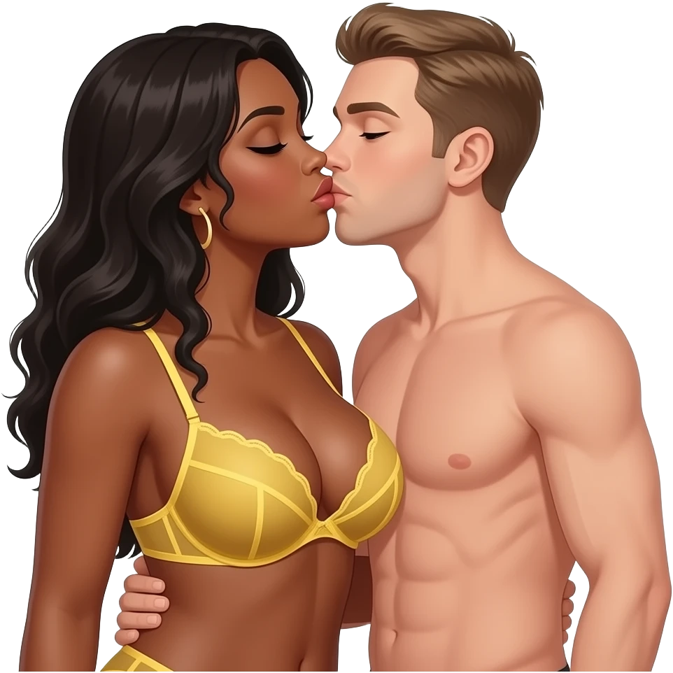 big boob ebony woman in yellow see through bra kissing naked white man emoji