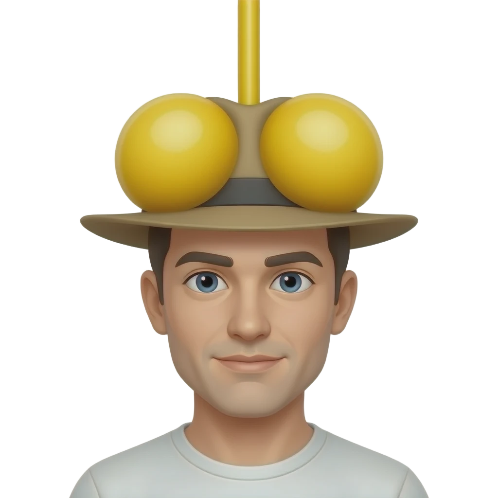 person with a hat. the hat has 2 yellow spheres together, with a long yellow stick above them emoji