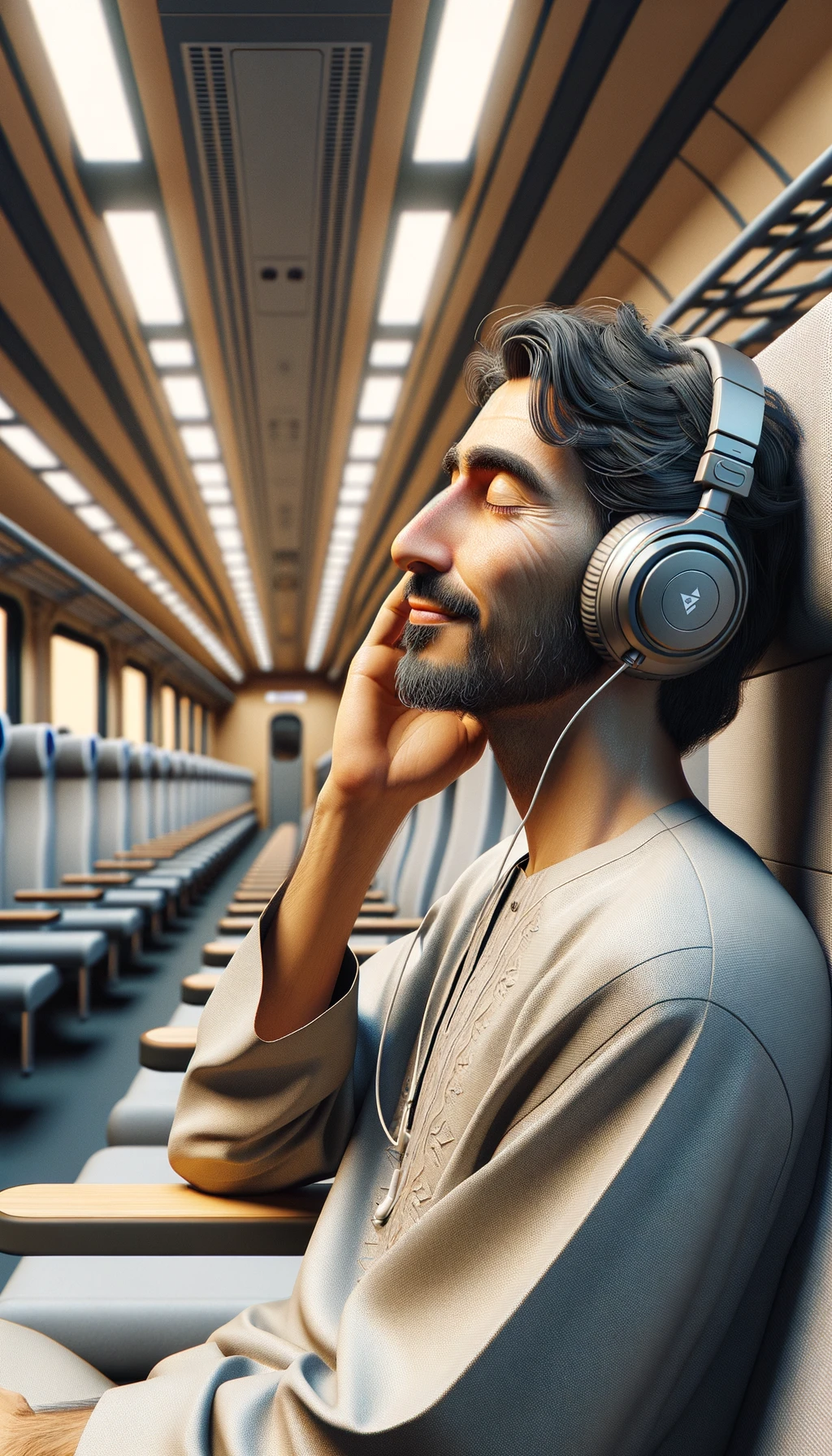 UOMO che ASCOLTA MUSICA CON LE CUFFIETTE BLUETOOTH NELLE ORECCHIE E GLI OCCHI CHIUSI SEDUTO SUL SEDILE DI UN TRENO, sullo sfondo L'INTERNO DELLA CABINA DI UN TRENO con toni chiari neutri, iperrealistico 4k emoji