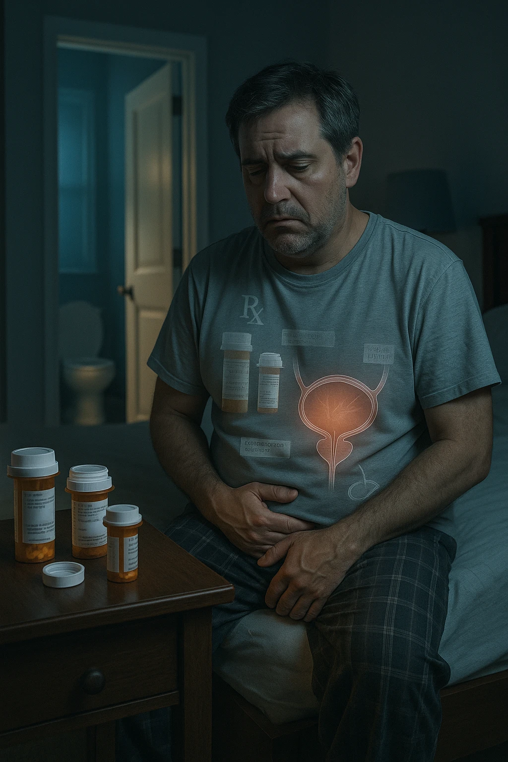 A middle-aged man sits on the edge of his bed in a dimly lit bedroom, looking exhausted and frustrated. On the nightstand beside him are several prescription pill bottles, loosely organized, some open — suggesting long-term medication use. In the background, the bathroom door glows softly, partially open, with a faint reflection of the toilet visible, indicating frequent nighttime trips. The man wears a loose T-shirt and pajama pants, his posture slightly curved as he gently touches his lower abdomen, symbolizing bladder discomfort. His eyes have dark circles, his expression is drained. The color palette is muted blues and greys, with a cinematic soft focus and ambient light highlighting emotional fatigue. A subtle overlay of pill labels and bladder imagery could be added for educational use. emoji