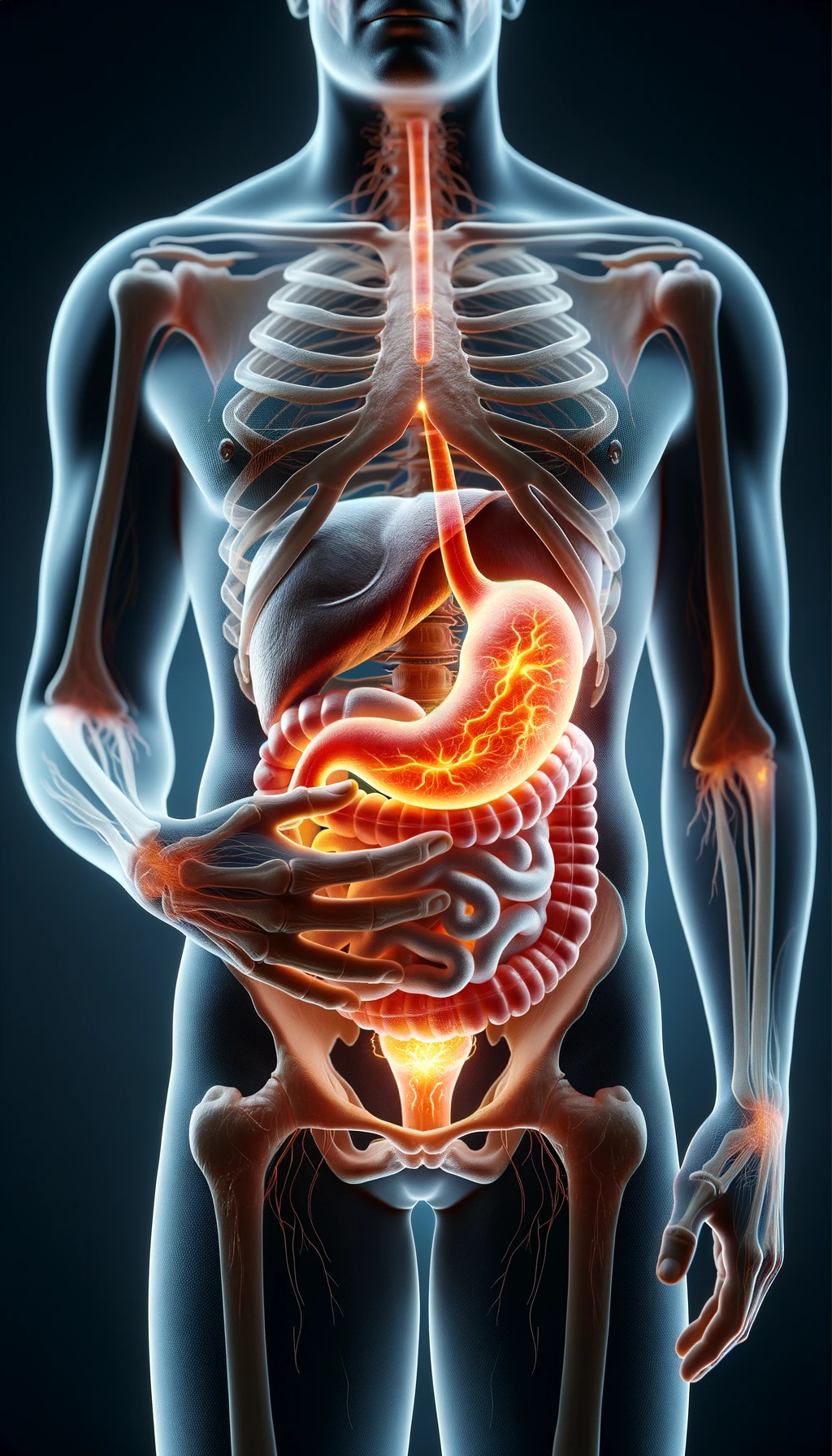 corpo umano anatomico con reflusso e stomaco infiammato, stomaco in evidenza, iperrealistico 4k emoji