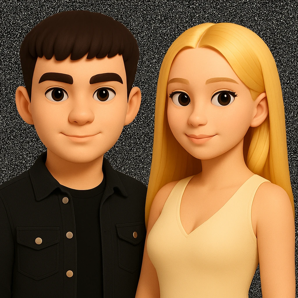 Slightly increase the volume of the upper body of the girl, separate the girl and the boy from each other, make the skin color the same for both characters, while preserving the cartoonish 3D style as in the reference image. emoji